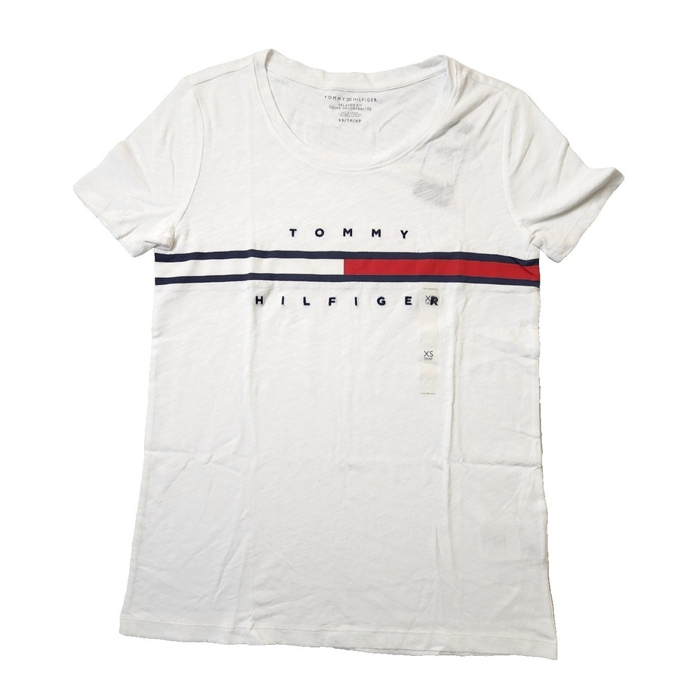 Tommy Hilfiger Women T-Shirt Flag Ribon White Short Sleeve Top Size XS OEM NWT